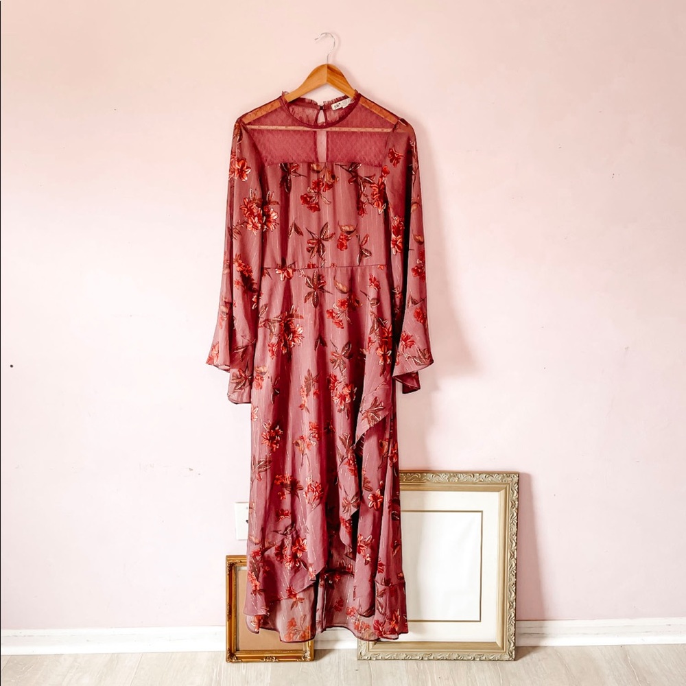 • lace mock neck floral ruffled midi dress •